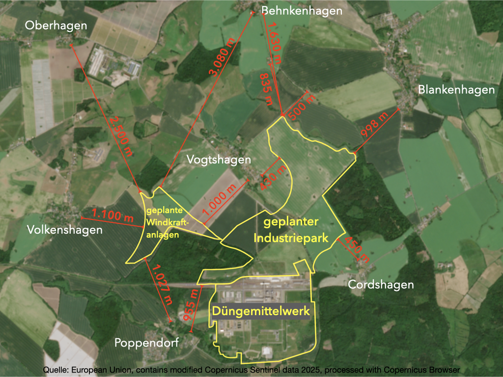 Karte vom Planungsgebiet Industriepark und Windkraftanlagen Poppendorf Nord